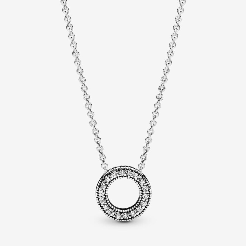Pandora Logo Pavé Circle Collier Silver Necklace Worn Once